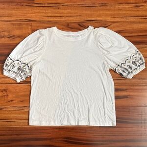 LOFT Ivory Puff Sleeve Blouse with Black Accents